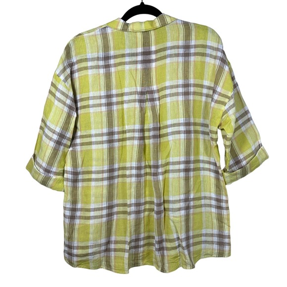 Lafayette 148‎ NY Plaid Linen Button Down Shirt 3/4 Sleeve Top Chartreuse M - Picture 2 of 4